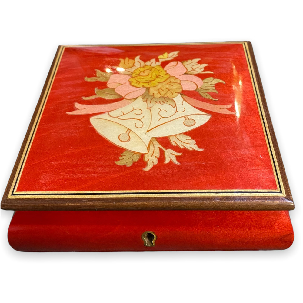 Vintage REUGE SWISS JEWELRY MUSIC BOX Silver Bells Inlaid Wood Made In Italy Red